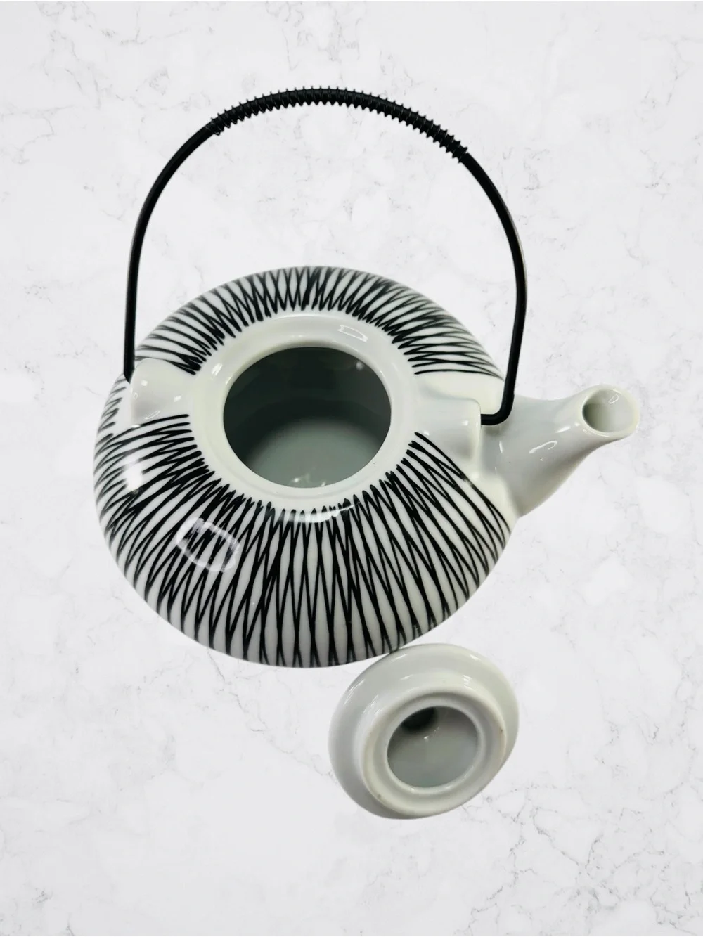 Pier 1 Hand Painted Porcelain Akina Black White Stripe Decorative Tea Pot Kettle